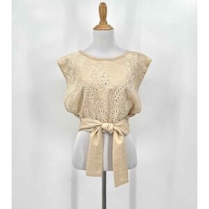 NOMAD Apron Tie Top Womens One Size Cream Embroidered Sleeveless Boho Festival